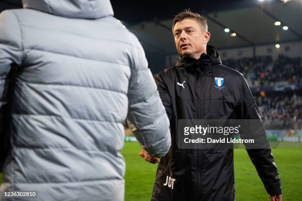 Jon Dahl Tomasson, head coach of Malmo FF during the UEFA Champions League group H match between Malmo FF and Chelsea FC at Eleda Stadium on November...