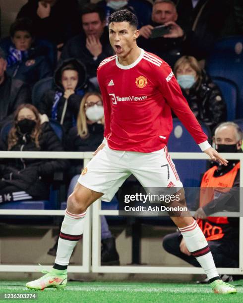 Cristiano Ronaldo of Manchester United celebrates scoring a goal to make the score 1-1 during the UEFA Champions League group F match between...