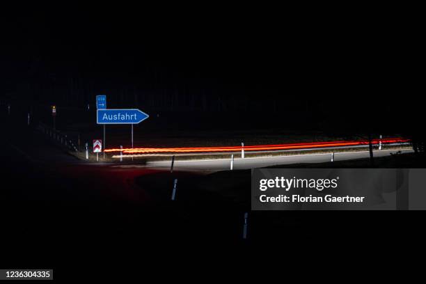 Cars are pictured with long exposure on the highway A13 near Berlin on November 02, 2021 in Staakow, Germany. The region Lusatia in the east of...