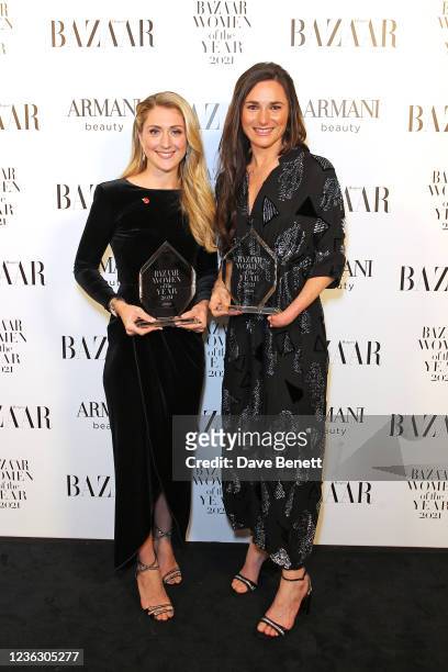 Laura Kenny and Dame Sarah Storey, co-winners of the Sporting Icon Award, attend the Harper's Bazaar Women of the Year Awards 2021, in partnership...