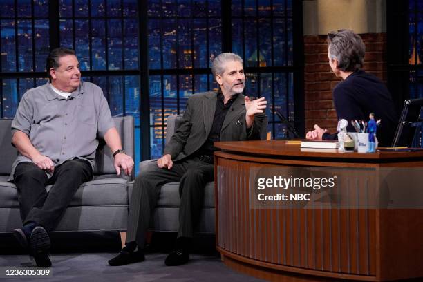 Episode 1215A -- Pictured: Actors Steve Schirripa and Michael Imperioli during an interview with host Seth Meyers on November 2, 2021 --