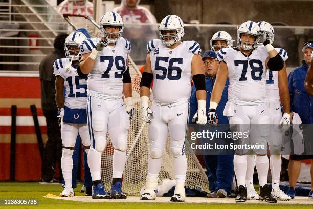 Indianapolis Colts Offensive Tackle Eric Fisher , Indianapolis Colts Offensive Guard Quenton Nelson and Indianapolis Colts Center Ryan Kelly during...