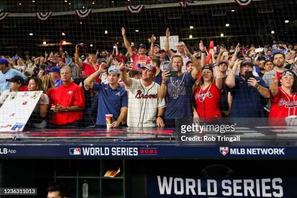 Atlanta Braves fans celebrate the teams 7-0 victory against the Houston Astros in Game Six to win the 2021 World Series at Minute Maid Park on...