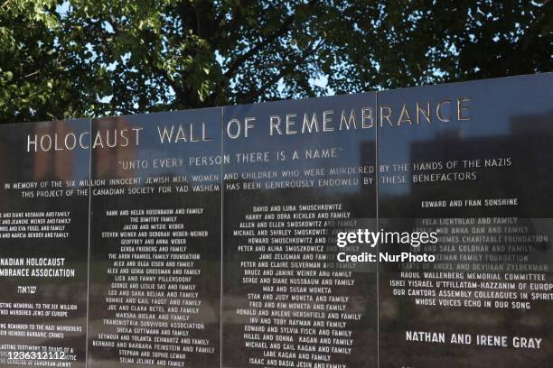 Wall with the names of Jews murdered in death camps at the Holocaust Memorial in Toronto, Canada.