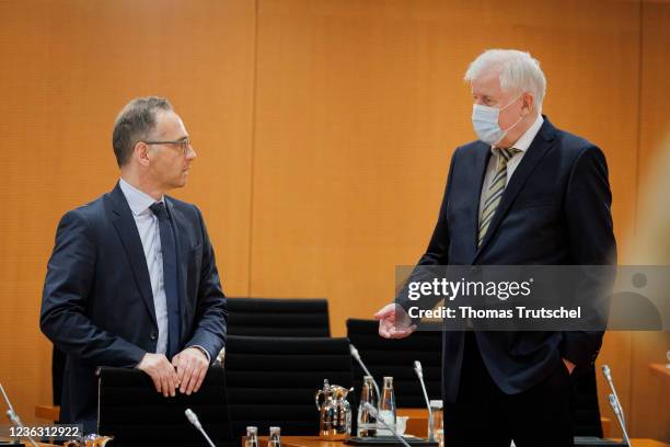 Berlin, Germany German Foreign Minister Heiko Maas and German Interior Minister Horst Seehofer arrives for the weekly cabinet meeting at the...