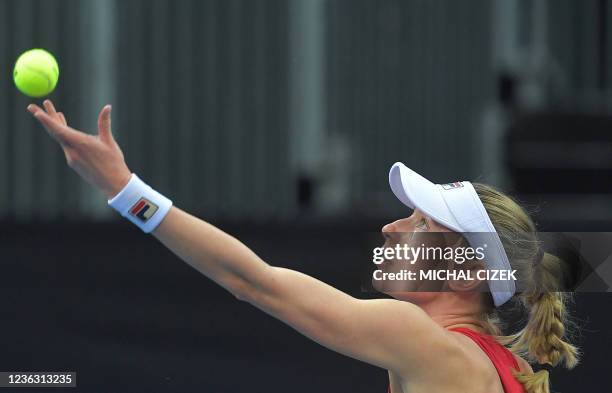 Russia's Ekaterina Alexandrova serves the ball to France's Clara Burel during the group tennis match of the Billie Jean King Cup finals between...