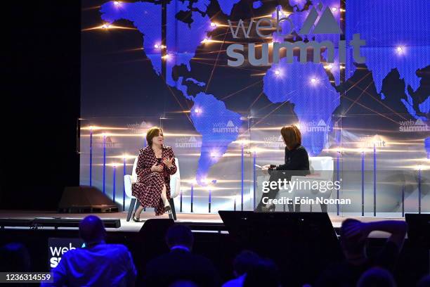 Lisbon , Portugal - 3 November 2021; Dame Melanie Dawes, CEO, Ofcom, and Kay Burley, Presenter, Sky News, at Future Societies Stage during day two of...