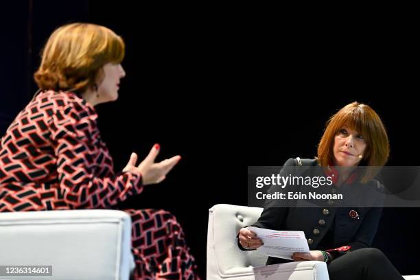 Lisbon , Portugal - 3 November 2021; Dame Melanie Dawes, CEO, Ofcom, and Kay Burley, Presenter, Sky News, at Future Societies Stage during day two of...