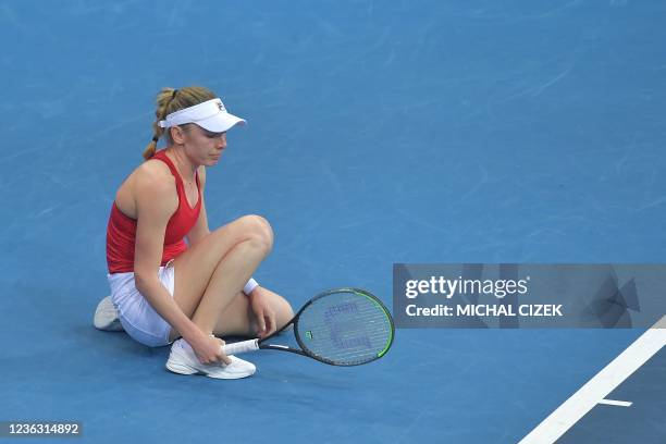 Russia's Ekaterina Alexandrova reacts as she plays against France's Clara Burel during the group tennis match of the Billie Jean King Cup finals...