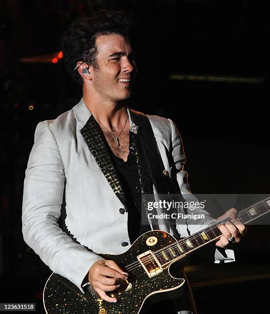 Musician Kevin Jonas of The Jonas Brothers performs at Shoreline Amphitheatre on September 18, 2010 in Mountain View, California.