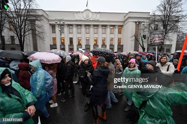 Anti-vaxxers protesters block road traffic as they stage a protest against the Covid quarantine restrictions, outside the Ukrainian parliament in...