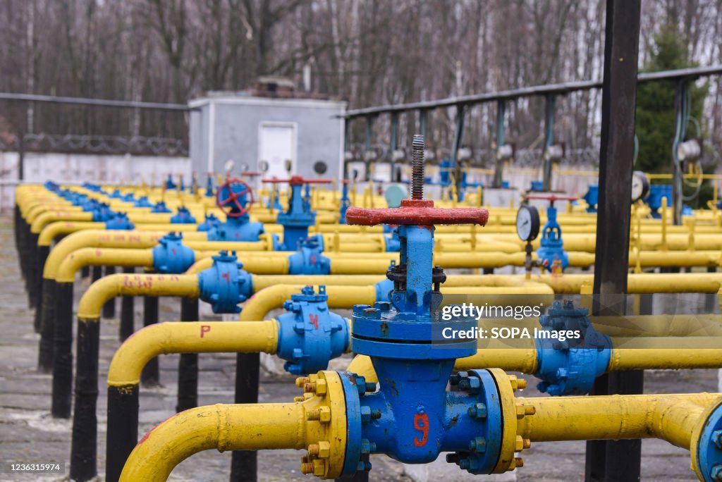 Gas pipes and valves seen at a natural gas station during...