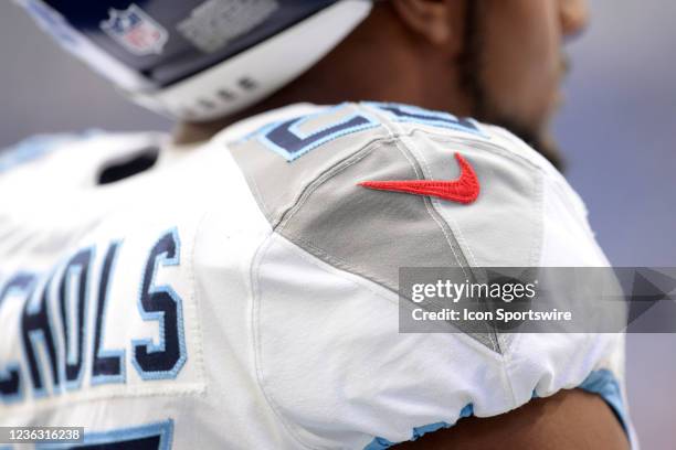 Nike logo is seen on the jersey of Tennessee Titans Running Back Jeremy McNichols during the NFL football game between the Tennessee Titans and the...