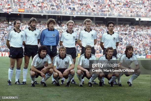 June 1982 Madrid - FIFA World Cup, West Germany v England, German team pose for group photo, back l to r: Stielike, Kaltz, Schumacher, Rummenigge,...