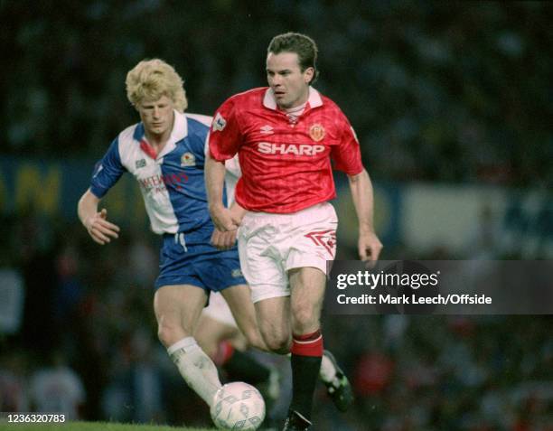 May 1993 Manchester - Premier League - Manchester United v Blackburn Rovers - Brian McClair of United gets away from Colin Hendry of Blackburn.