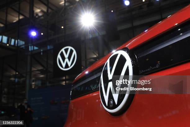 Badge on the front of a Volkswagen ID.5 GTX all-electric automobile during the world unveiling at the Volkswagen AG auto plant in Dresden, Germany,...