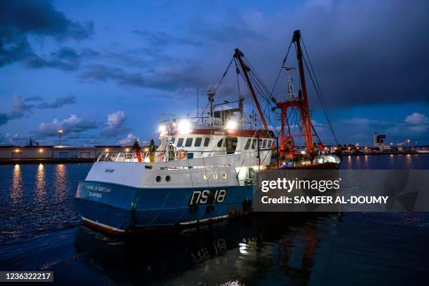 The Scottish scallop trawler "Cornelis-Gert Jan" leaves the northern French port of Le Havre after being granted permission by French port...