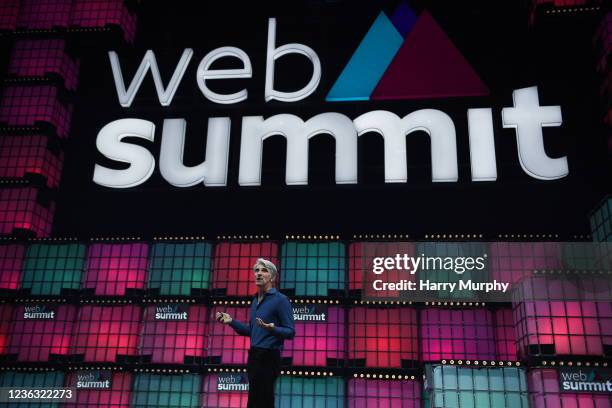 Lisbon , Portugal - 3 November 2021; Craig Federighi, Senior Vice President of Software Engineering at Apple, on the Centre Stage, during day two of...