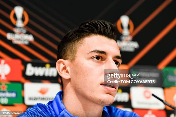 Fenerbahce Berke Ozer pictured during a press conference of Turkish soccer team Fenerbahce, Wednesday 03 November 2021 in Antwerp. The team is...