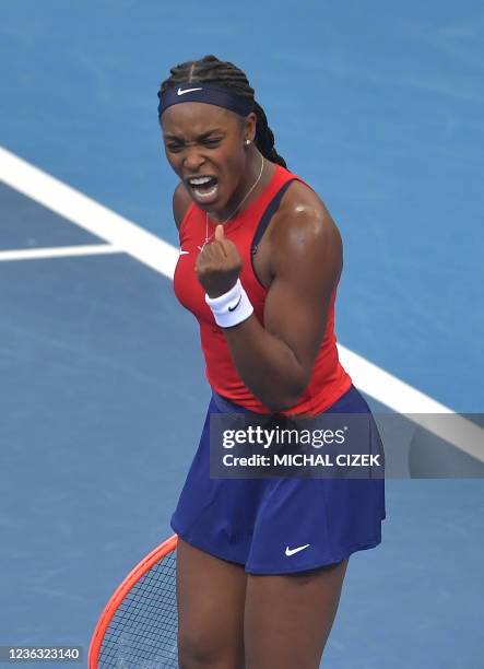 Sloane Stephens of the USA reacts after winning against Nuria Parrizas-Diaz of Spain during the group match of the Billie Jean King Cup finals...