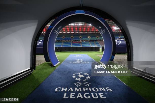 The tunnel featuring the UEFA Champions League logo, is pictured prior to thr Group A, football match RB Leipzig v Paris Saint-Germain in Leipzig,...