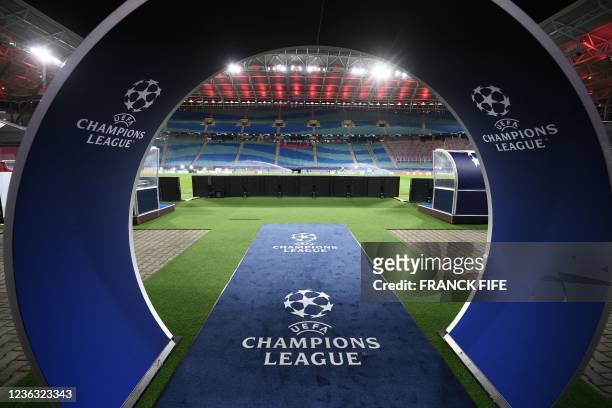 The tunnel featuring the UEFA Champions League logo, is pictured prior to thr Group A, football match RB Leipzig v Paris Saint-Germain in Leipzig,...