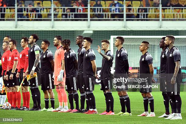 Sheriff's players line up before the UEFA Champions League group D football match between Sheriff and Inter Milan at Sheriff Stadium in Tiraspol on...