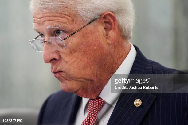 Senator Roger Wicker listens as FAA Administrator Stephen Dickson speaks during a hearing before the Senate Committee on Commerce, Science and...