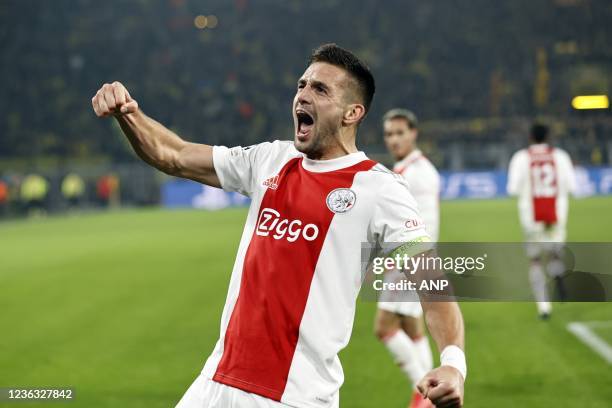 Dusan Tadic of Ajax celebrates the 1-1 draw during the UEFA Champions League match between Borussia Dortmund and Ajax Amsterdam at Signal Iduna Park...