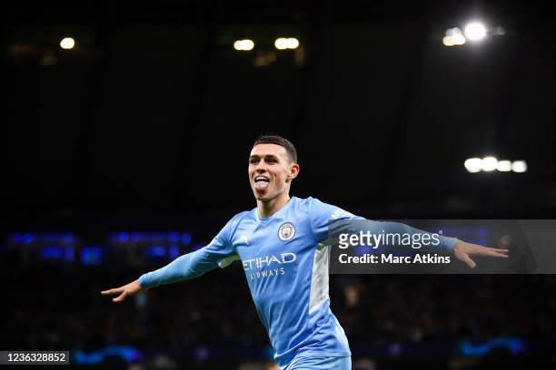 Phil Foden of Manchester City celebrates scoring the opening goal during the UEFA Champions League group A match between Manchester City and Club...