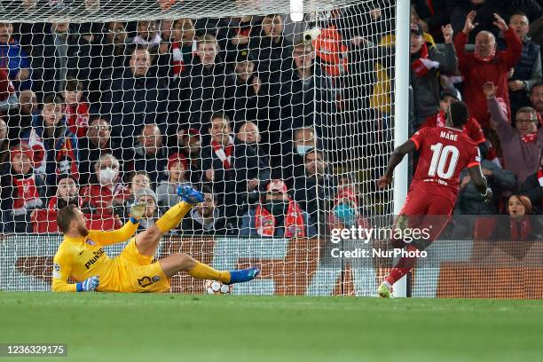 Sadio Mane of Liverpool shooting to goal during the UEFA Champions League group B match between Liverpool FC and Atletico Madrid at Anfield on...