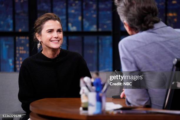 Episode 1216A -- Pictured: Actress Keri Russell during an interview with host Seth Meyers on November 3, 2021 --