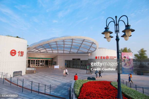 Photo taken on November 3, 2021 shows the re-opening of the Disneyland Subway station in Shanghai, China, as Disneyland and Disneyland Town reopen...
