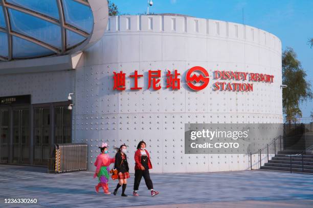 Photo taken on November 3, 2021 shows the re-opening of the Disneyland Subway station in Shanghai, China, as Disneyland and Disneyland Town reopen...