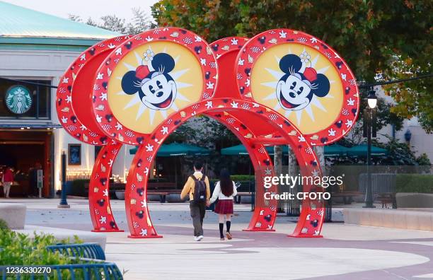 Photo taken on November 3, 2021 shows the re-opening of the Disneyland Subway station in Shanghai, China, as Disneyland and Disneyland Town reopen...