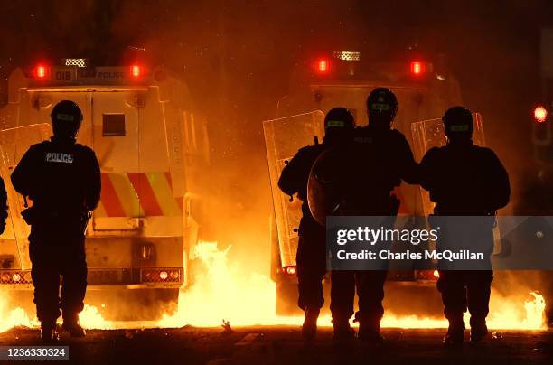 Loyalists clash with police during a protest against the Northern Ireland Protocol on November 3, 2021 in Belfast, Northern Ireland. Trouble...