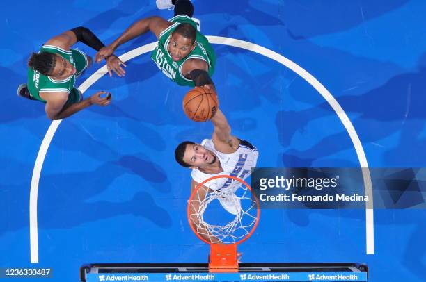 Jalen Suggs of the Orlando Magic catches the rebound during the game against the Boston Celtics on November 3, 2021 at Amway Center in Orlando,...