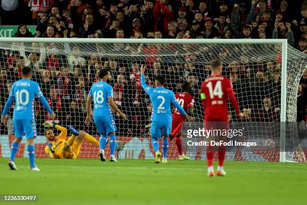 Sadio Mane of Liverpool FC scores his team's second goal during the UEFA Champions League group B match between Liverpool FC and Atletico Madrid at...