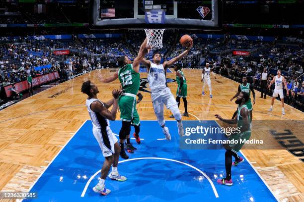 Chuma Okeke of the Orlando Magic drives to the basket during the game against the Boston Celtics on November 3, 2021 at Amway Center in Orlando,...