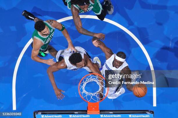 Mo Bamba of the Orlando Magic drives to the basket during the game against the Boston Celtics on November 3, 2021 at Amway Center in Orlando,...