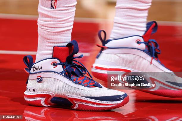 The sneakers of Bradley Beal of the Washington Wizards against the Toronto Raptors on November 3, 2021 at Capital One Arena in Washington, DC. NOTE...