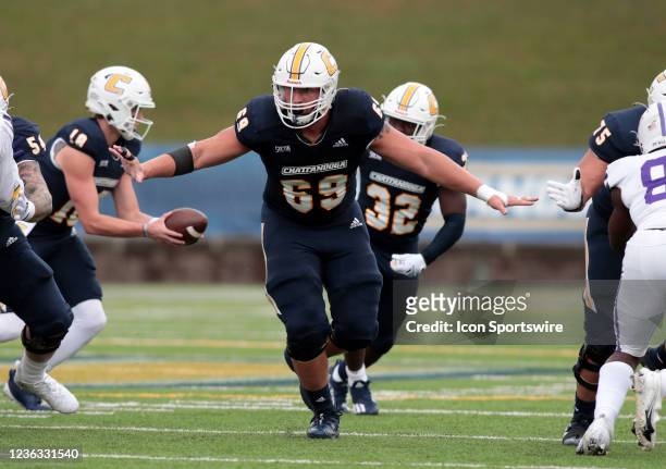 Chattanooga Mocs offensive lineman Cole Strange blocking during the game between the Chattanooga Mocs and the Furman Paladins on October 30, 2021 at...