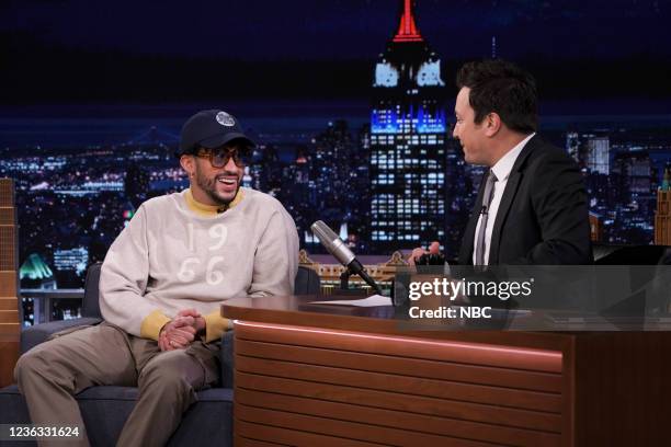 Episode 1542 -- Pictured: Rapper Bad Bunny during an interview with host Jimmy Fallon on Wednesday, November 3, 2021 --