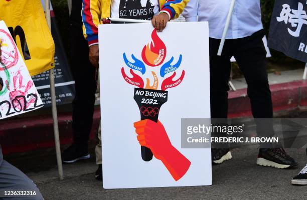Activists rally in front of the Chinese Consulate in Los Angeles, California on November 3 calling for a boycott of the 2022 Beijing Winter Olympics...
