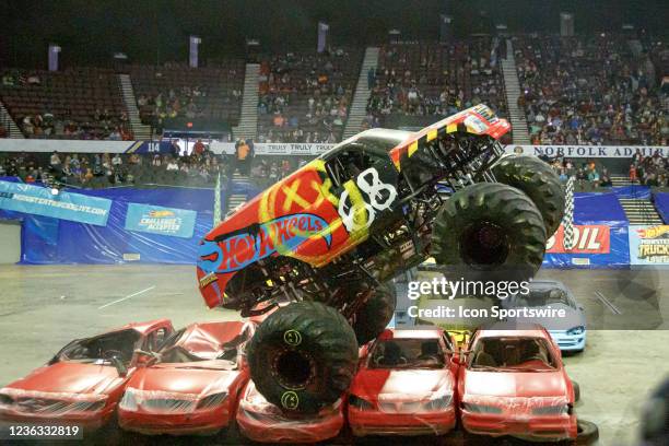 Monster Truck Demo Derby driven by Josh Holman doing stunts during Hot Wheels Monster Trucks Live on October 31 at Scope Arena in Norfolk, VA.