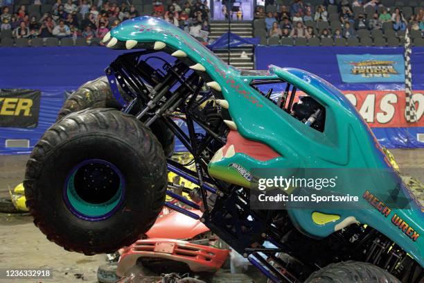 Monster Truck Mega Wrex driven by Ryan Holman doing stunts during Hot Wheels Monster Trucks Live on October 31 at Scope Arena in Norfolk, VA.