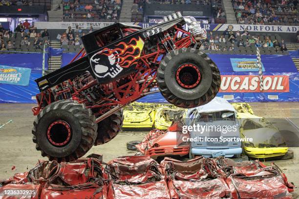 Monster Truck Bone Shaker driven by Cody Holman doing stunts during Hot Wheels Monster Trucks Live on October 31 at Scope Arena in Norfolk, VA.