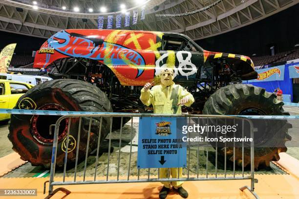 Monster Truck Demo Derby's driver Josh Holman in a Halloween Costume ready to greet fans at the Crash Zone Pre-Show Party before Hot Wheels Monster...