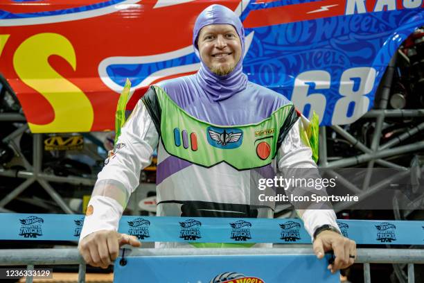 Monster Truck Race Ace driver Darron Schnell ready to greet fans in a Halloween costume at the Crash Zone Pre-Show Party before Hot Wheels Monster...