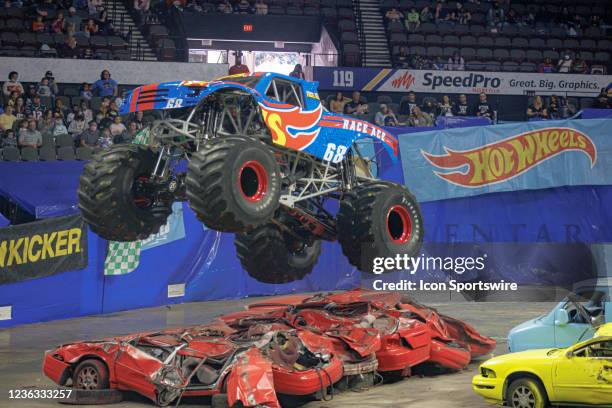 Monster Truck Race Ace driven by Darron Schnell doing stunts during Hot Wheels Monster Trucks Live on October 31 at Scope Arena in Norfolk, VA.